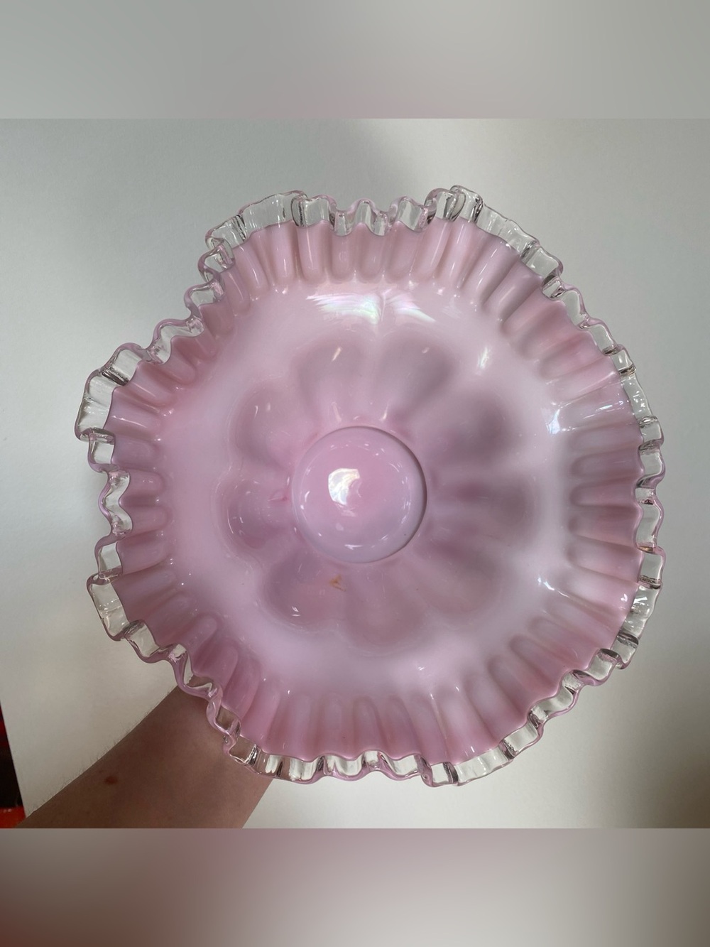Fenton Pink & White Mid Century Handkerchief Bowl 10”x 4.5”